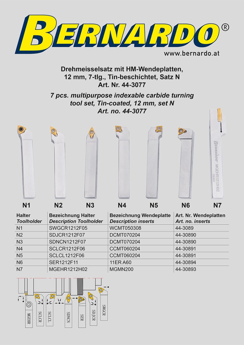 Drehmeisselsatz mit HM-Wendeplatten, 12 mm, 7-tlg., Tin-beschichtet, Satz N