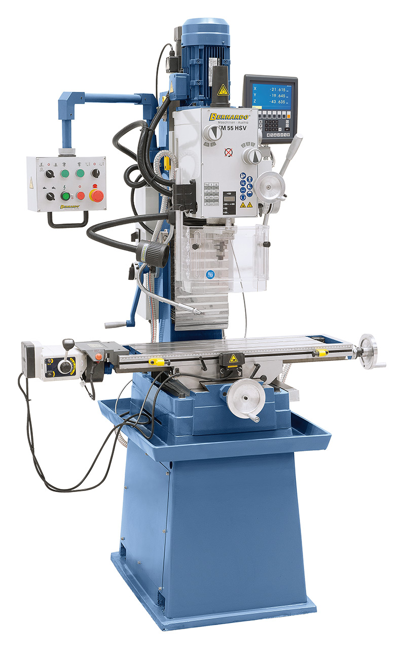 Bohr- und Fräsmaschine FM 55 HSV inkl. 3-Achs-Digitalanzeige ES-12 V und Vorschub f. x-Achse