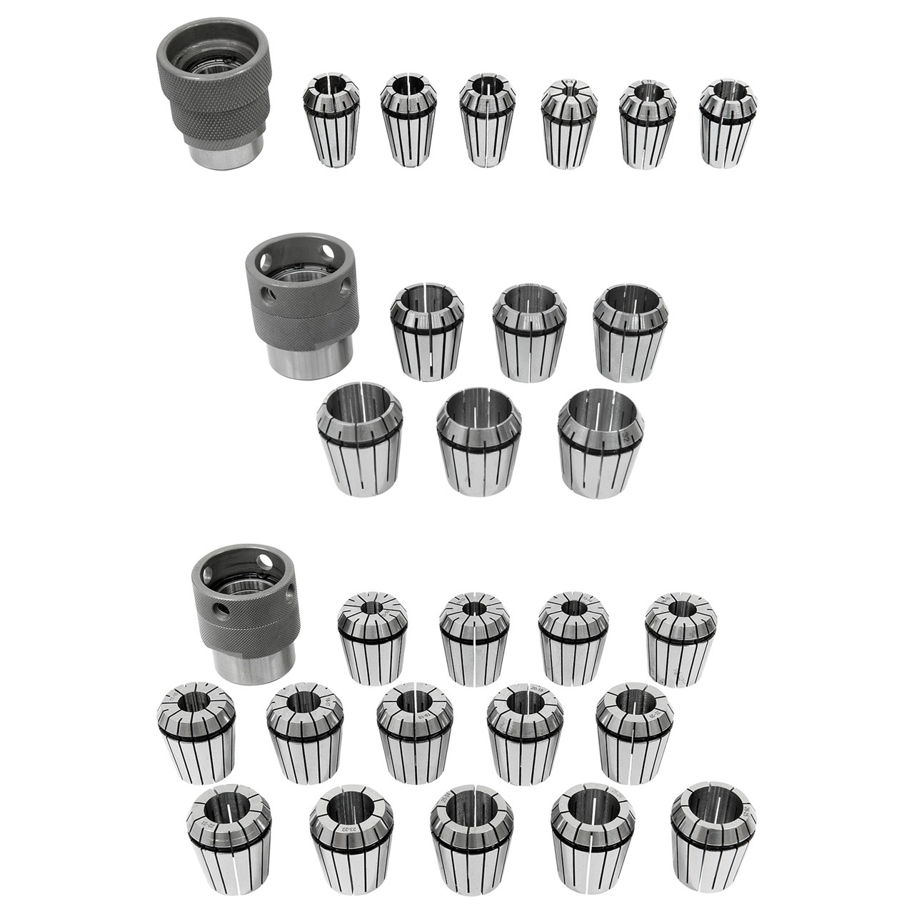 10 Stk. ER 20 Spannzangen (3 - 12 mm) bzw. 20 Stk. ER 40 Spannzanngen (13 - 32 mm) im Lieferumfang enthalten.