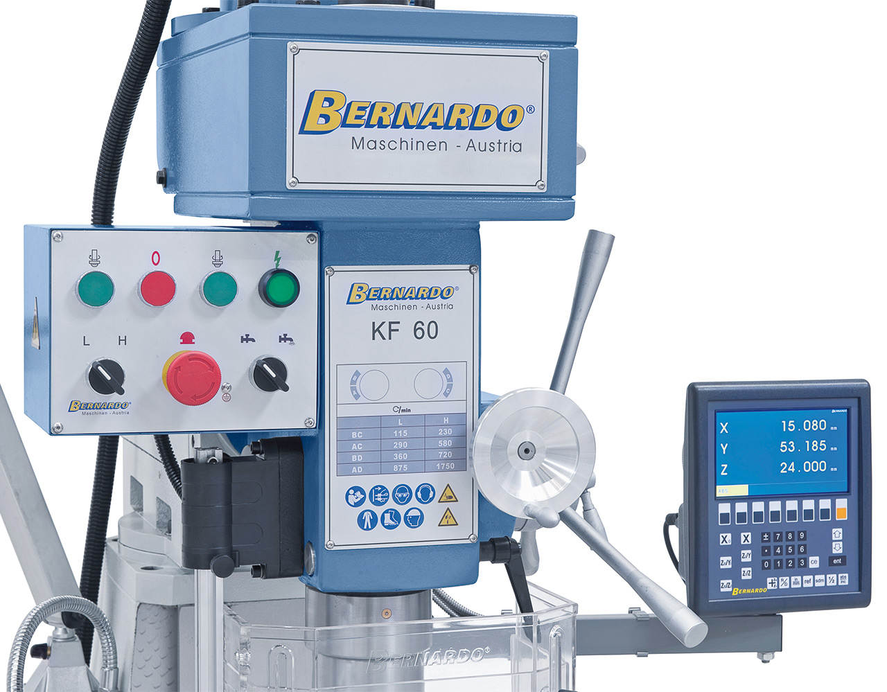Bohr- und Fräsmaschine KF 60 - 1000 inkl. 3-Achs-Digitalanzeige ES-12 H und Vorschub f. y-Achse
